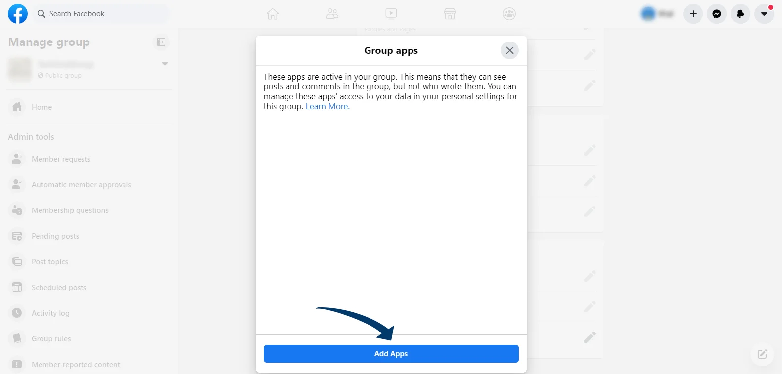 Click add apps button in manage facebook group dashboard