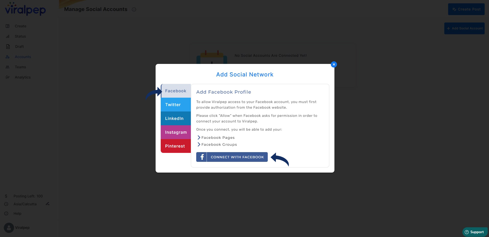 Click connect with Facebook in viralpep